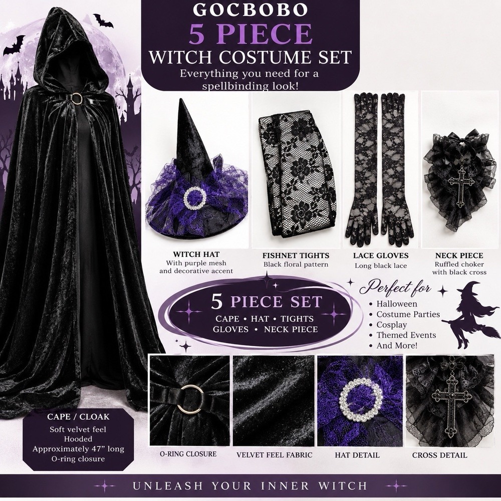 K0268-5Pc Adult Witch Costume Set Black Velvet Cape Hat Lace Gloves Tight Choker